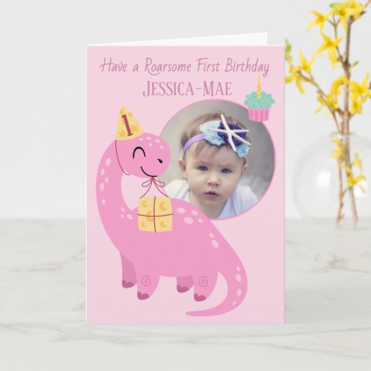Pink Dinosaur 1st Birthday Card Karte (Gelbe Blume)