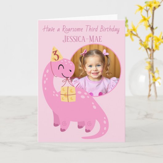 Pink Dinosaur 3rd Birthday Card Karte (Gelbe Blume)