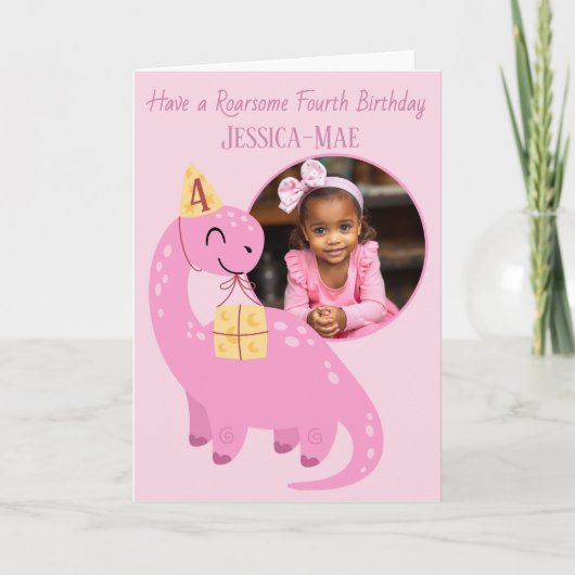 Pink Dinosaur 4th Birthday Card Karte (Vorderseite)