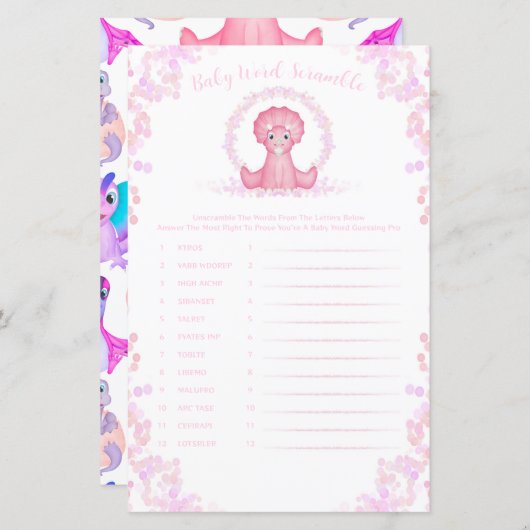 Pink Dinosaur Baby Word Scramble Baby Showspiel (Vorne/Hinten)