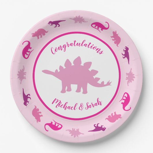 Pink Dinosaur Babydusche Pappteller (Vorderseite)
