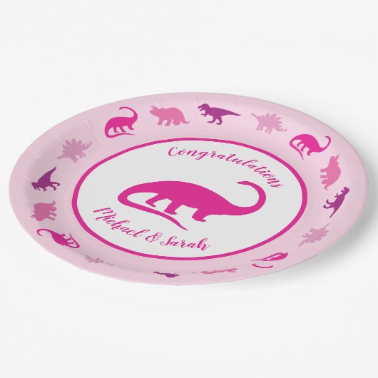 Pink Dinosaur Babydusche Pappteller (Schrägansicht)