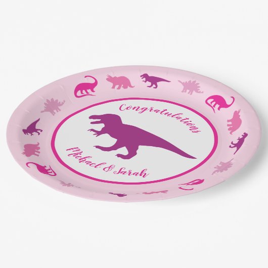 Pink Dinosaur Babydusche Pappteller (Schrägansicht)