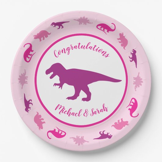Pink Dinosaur Babydusche Pappteller (Vorderseite)