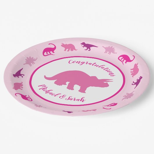 Pink Dinosaur Babydusche Pappteller (Schrägansicht)