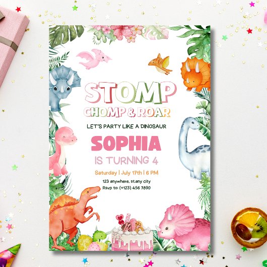 Pink Dinosaur Birthday Einladung Girl Dinosaurier