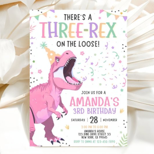 Pink Dinosaur Birthday Invitation Editable Three 3 Einladung