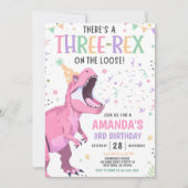 Pink Dinosaur Birthday Invitation Editable Three 3 Einladung (Vorderseite)