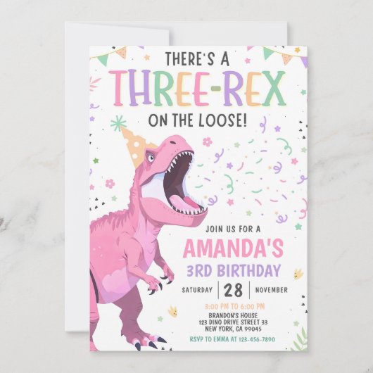 Pink Dinosaur Birthday Invitation Editable Three 3 Einladung (Vorderseite)
