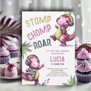 Pink Dinosaur Dance Stomp Chomp Roar Girl Geburtst Einladung