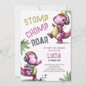 Pink Dinosaur Dance Stomp Chomp Roar Girl Geburtst Einladung (Vorderseite)