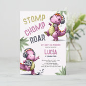 Pink Dinosaur Dance Stomp Chomp Roar Girl Geburtst Einladung (Stehend Vorderseite)