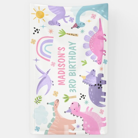 Pink Dinosaur Geburtstagsparty Banner (Vertikal)