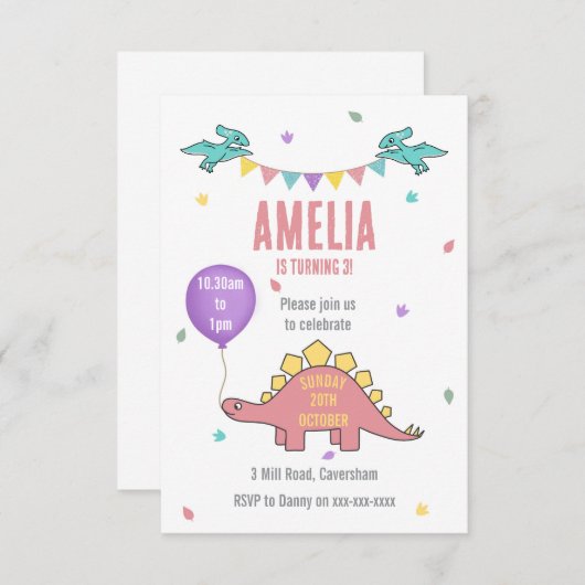 Pink Dinosaur Geburtstagsparty Einladung (Vorne/Hinten)