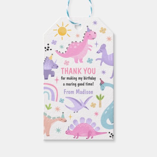 Pink Dinosaur Geburtstagsparty Geschenkanhänger (Vorderseite)