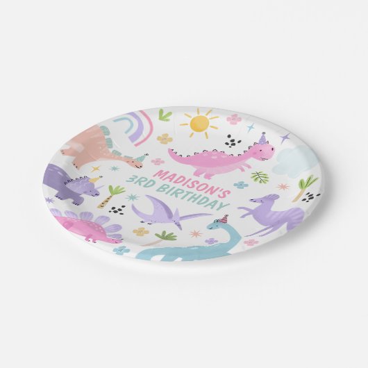 Pink Dinosaur Geburtstagsparty Pappteller (Schrägansicht)