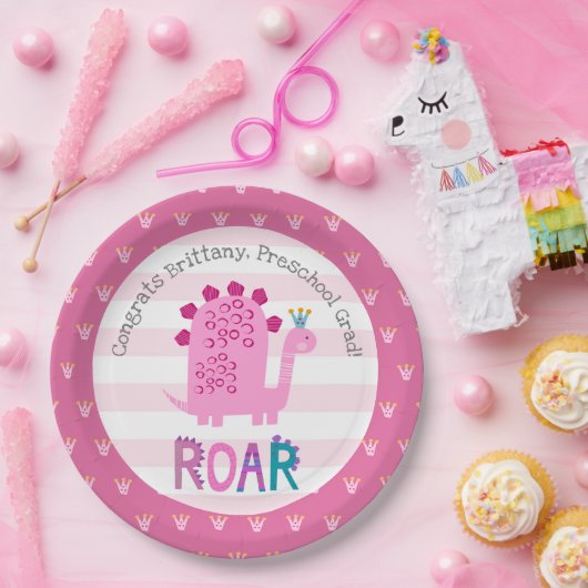 Pink Dinosaur Girl Preschool Graduation Whimsical Pappteller (Party)