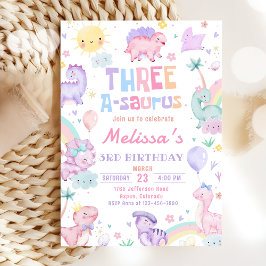 Pink Dinosaurier Drei A-Saurus 3. Geburtstags-Part Einladung