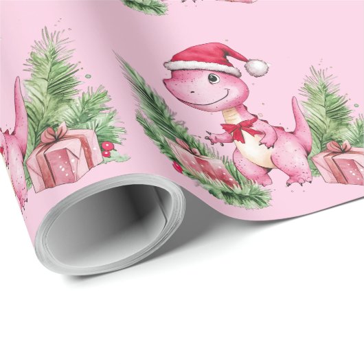 Pink Dinosaurier Weihnachtswrapping Papier Geschenkpapier (Rolleneckpunkt)