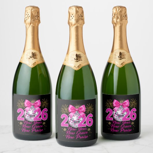 Pink Disco Ball 2026 with Fireworks and Praise Schaumweinetikett (Flaschen)
