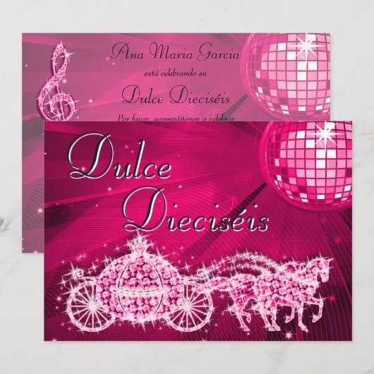 Pink Disco Ball, Princess Coach & Horses Sweet 16 Einladung (Vorne/Hinten)