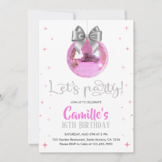 Pink Disco Ball | Silver bow Birthday Einladung