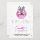 Pink Disco Ball | Silver bow Birthday  Einladung (Vorne/Hinten)