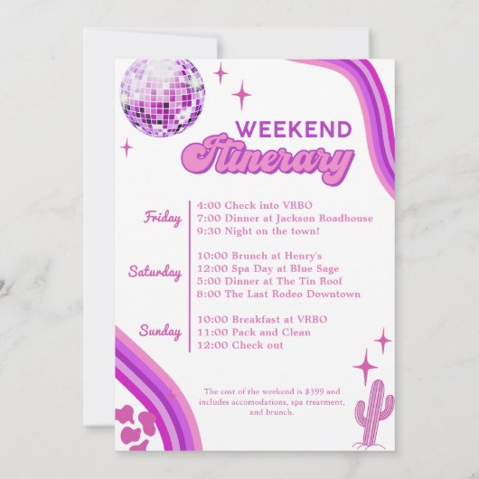 Pink Disco Cowgirl Bachelorette Rodeo Wochenende Einladung (Rückseite)