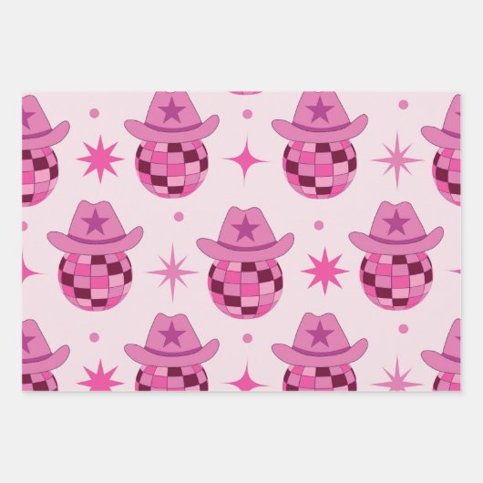 Pink Disco Cowgirl Hutform Muster mit Sternen Geschenkpapier Set (Vorderseite)