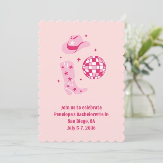 Pink Disco Cowgirl Junggeselinnen-Abschied Einladu Einladung (Stehend Vorderseite)