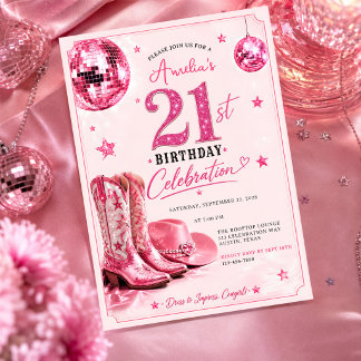 Pink Disco-Cowgirl zum 21. Geburtstag Einladung