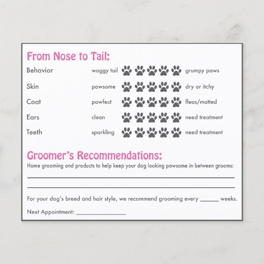 Pink Dog and Mirror Dog Grooming Report Card (Rückseite)