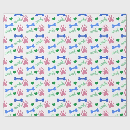 Pink Dog Paws Blue Bones Green Hearts Woof Pattern Geschenkpapier (Flach)