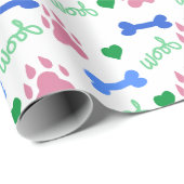 Pink Dog Paws Blue Bones Green Hearts Woof Pattern Geschenkpapier (Rolleneckpunkt)