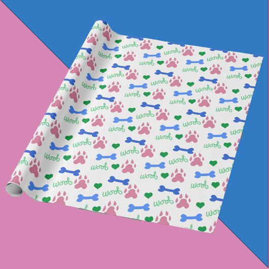Pink Dog Paws Blue Bones Green Hearts Woof Pattern Geschenkpapier