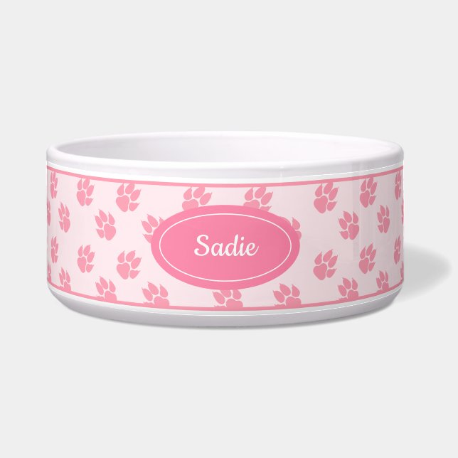 Pink Dog Paws Muster mit Individuelle Name Napf (Vorderseite)
