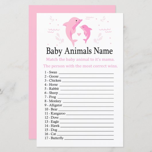 Pink Dolphin Baby Animals Name Spiel (Vorne/Hinten)