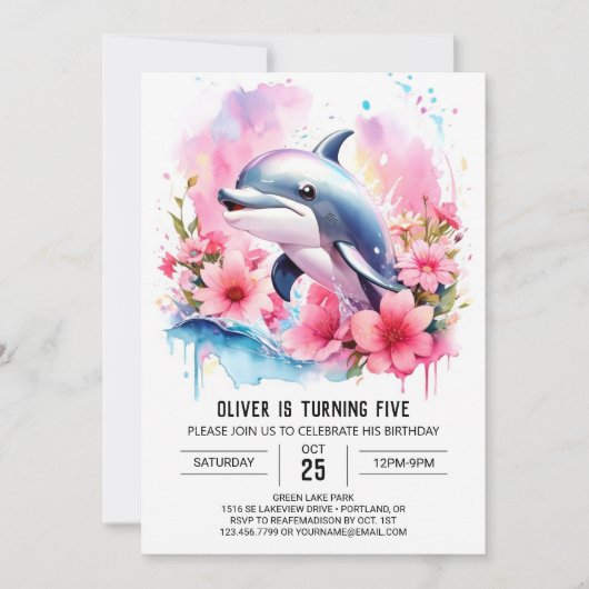Pink Dolphin's Whimsical Ocean Adventure Geburtsta Einladung (Vorderseite)