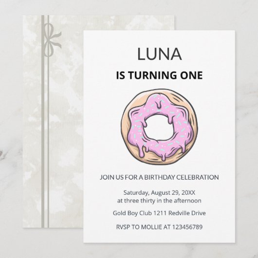 Pink Donut 1st Birthday Invitation Girl  Einladung (Vorne/Hinten)