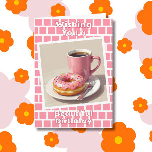 Pink Donut und Kaffee Glückwunsch Geburtstag Perso Karte