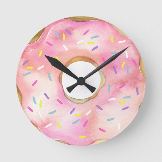 Pink Donut Watercolor Doughnut Cute Sprinkles Runde Wanduhr (Vorderseite)