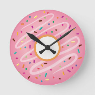 Pink Donut with Rainbow Sprinkles Runde Wanduhr