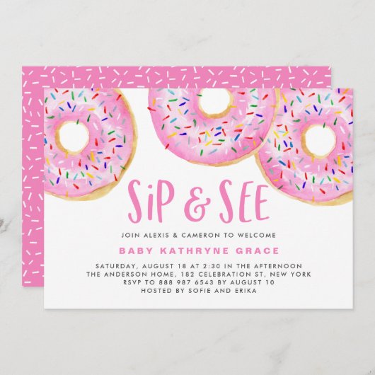 Pink Donuts Sprinkles Baby Duschsippe und sehen Si Einladung (Vorne/Hinten)