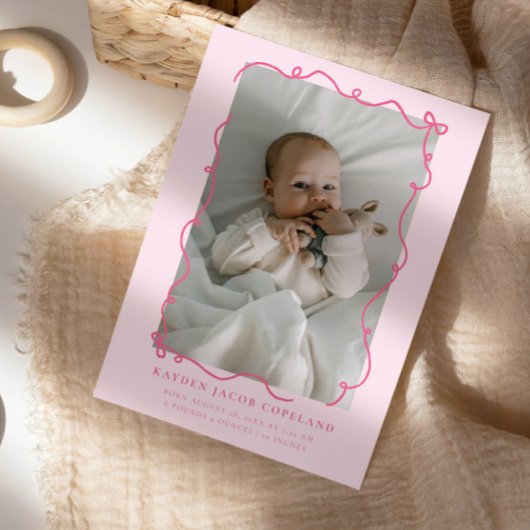 Pink Doodle Bows Frame Birth Announcement Foto Ankündigung