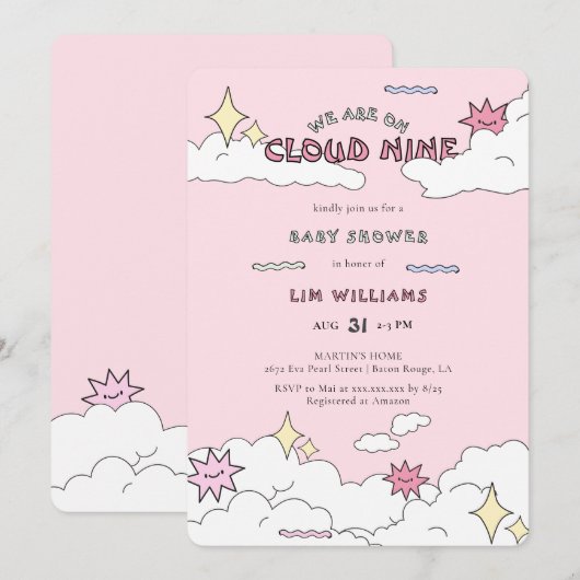 Pink Doodle Cloud Nine Baby Dusche Einladung (Vorne/Hinten)