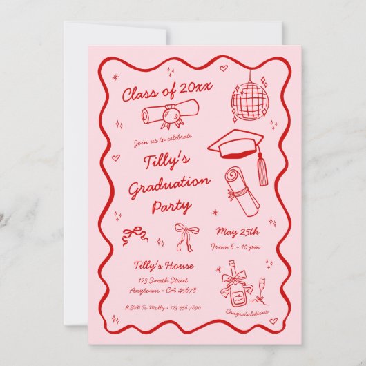Pink Doodle Graduation Party Einladung Whimsical (Vorderseite)