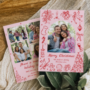 Pink Doodle Year of Review Card Family Newsletter Feiertagskarte