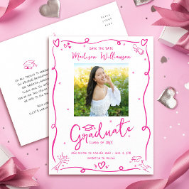Pink Doodles Graduation Save the Date Photo White Einladungspostkarte
