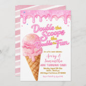 Pink Double the Scoops Birthday Glitter Sparkle Einladung (Vorne/Hinten)