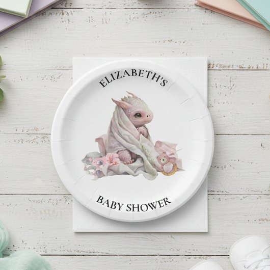 Pink Dragon Watercolor Kinderdusche Pappteller
